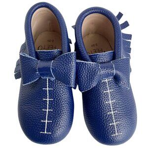 NEW Monkey Feet Leather Blue Bow Moccasin Style Sandals Shoes - Size 2-3 Years